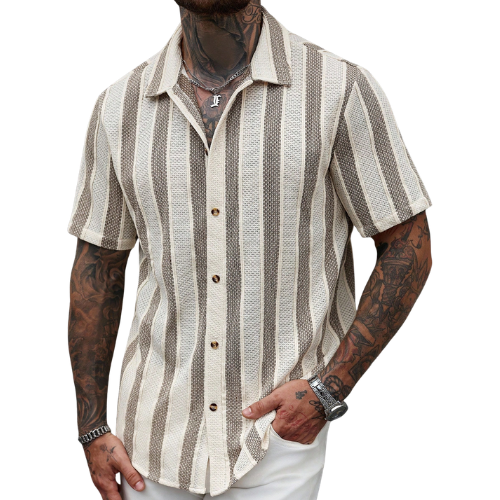 Men’s Short Sleeve Button-Up Shirt with Vertical Stripe Pattern