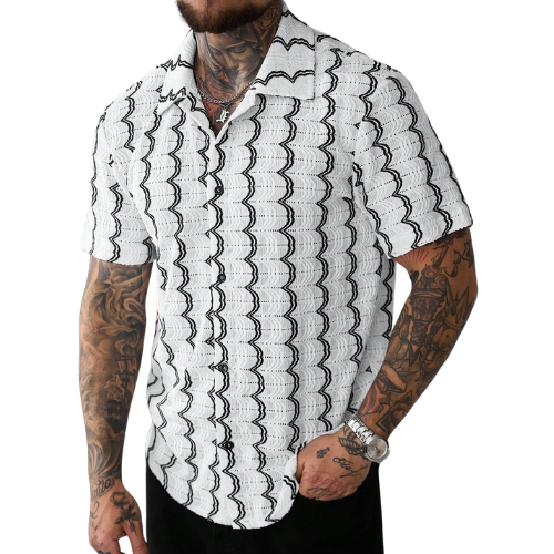 Men’s Short Sleeve Button-Up Shirt with Wave Pattern