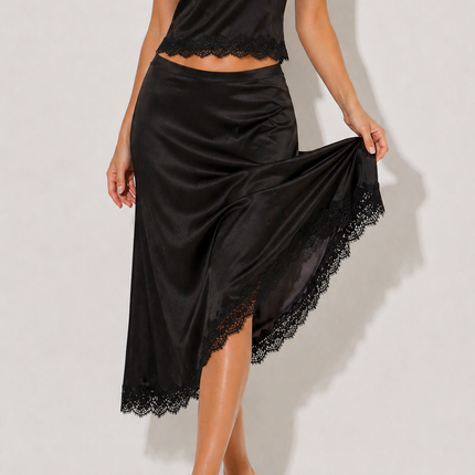 Mireya | Black Satin Lace Co-Ord Set – Cami Top & Midi Skirt