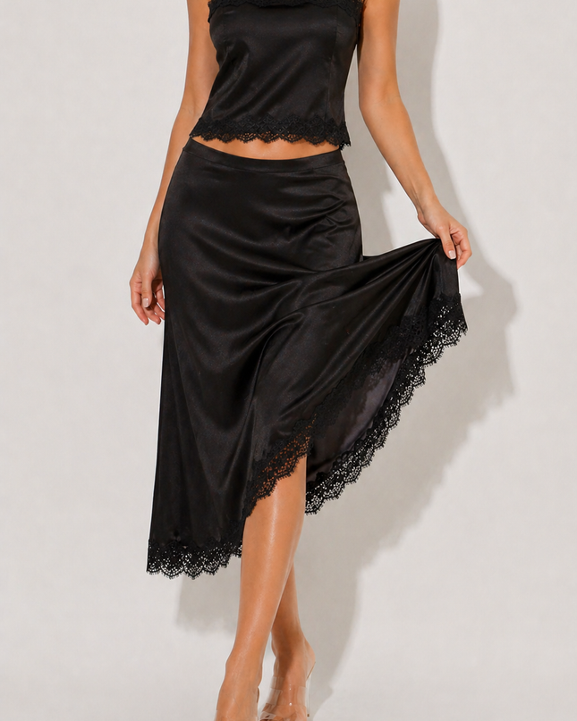 Mireya | Black Satin Lace Co-Ord Set – Cami Top & Midi Skirt