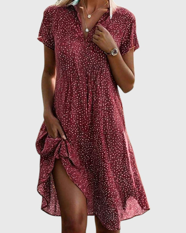 Nerina | Relaxed Midi Dress – Collared Short Sleeve Style