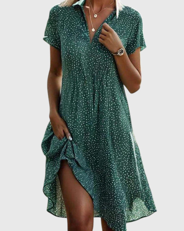 Nerina | Relaxed Midi Dress – Collared Short Sleeve Style