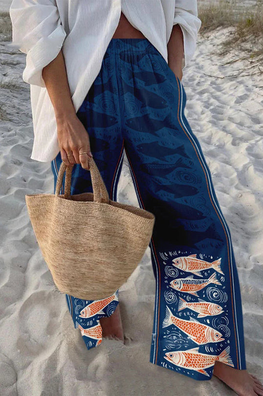 Nolwenn | Playful Women's Wide-Leg Pants – Marine Print Style