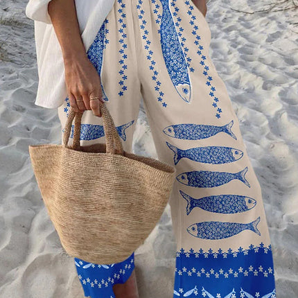Nolwenn | Playful Women's Wide-Leg Pants – Marine Print Style