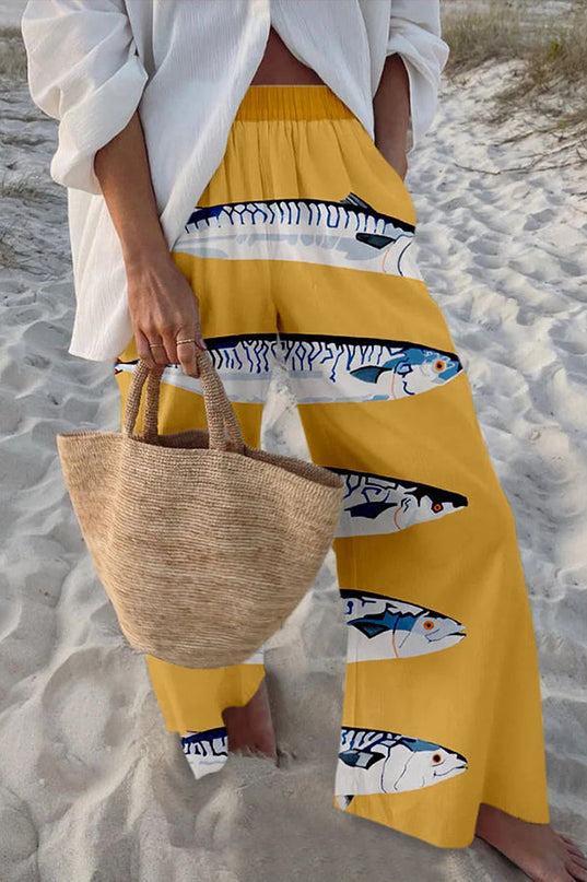 Nolwenn | Playful Women's Wide-Leg Pants – Marine Print Style