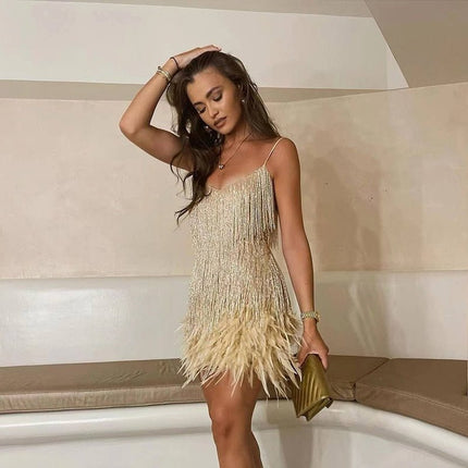 Odette | Glamour Feather Mini Dress – Fringe Party Style
