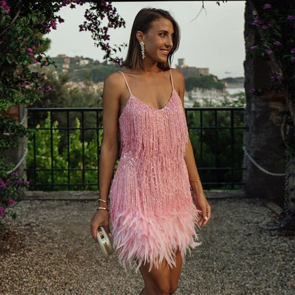 Odette | Glamour Feather Mini Dress – Fringe Party Style