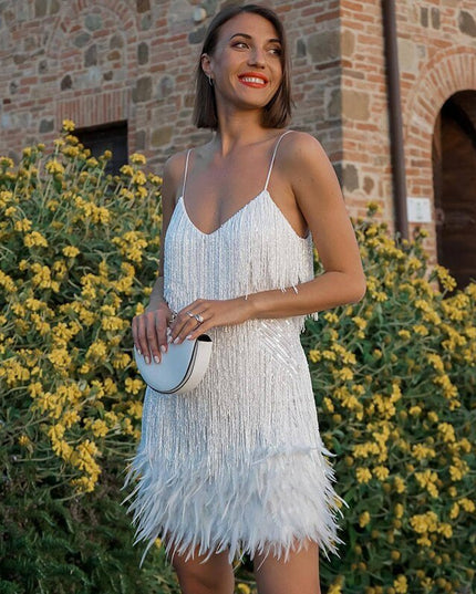 Odette | Glamour Feather Mini Dress – Fringe Party Style