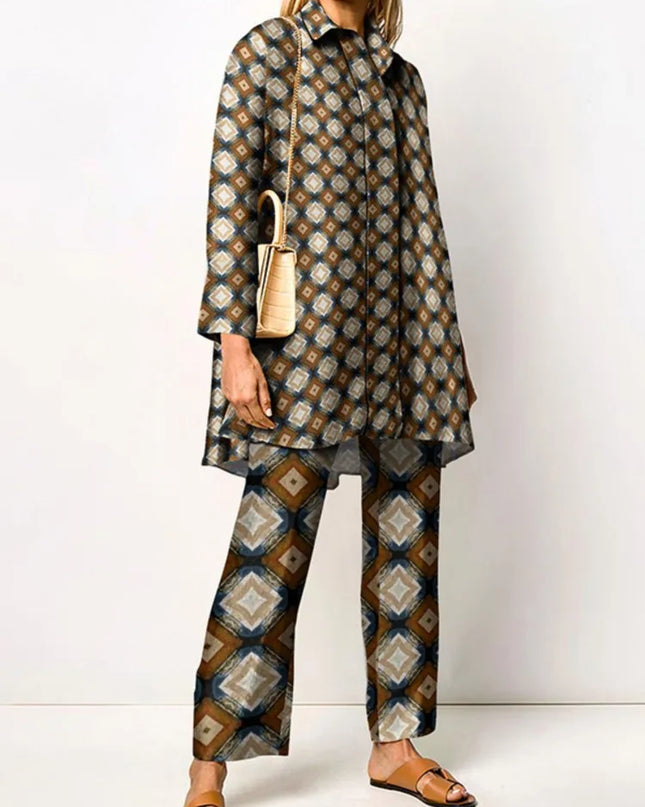 Odette | Vintage Two Piece Set – Printed Blouse & Pants