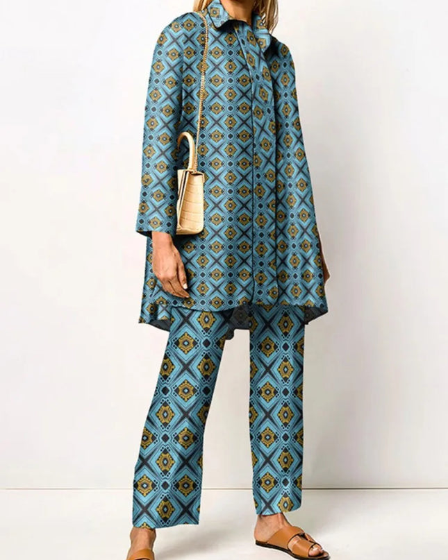 Odette | Vintage Two Piece Set – Printed Blouse & Pants