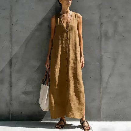 Renaria | Minimalist Linen Maxi Dress – Button-Front Style