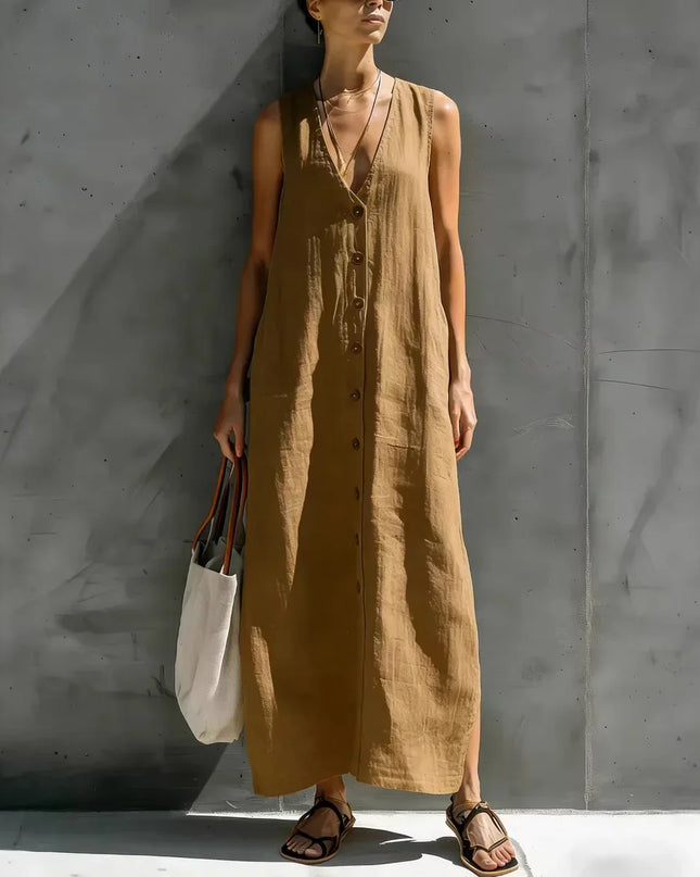 Renaria | Minimalist Linen Maxi Dress – Button-Front Style