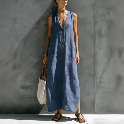 Renaria | Minimalist Linen Maxi Dress – Button-Front Style