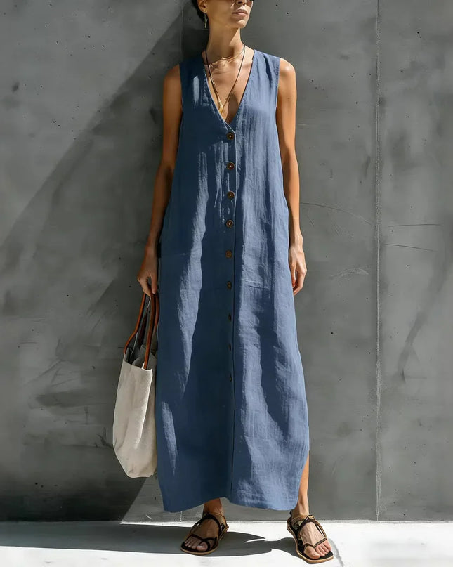 Renaria | Minimalist Linen Maxi Dress – Button-Front Style