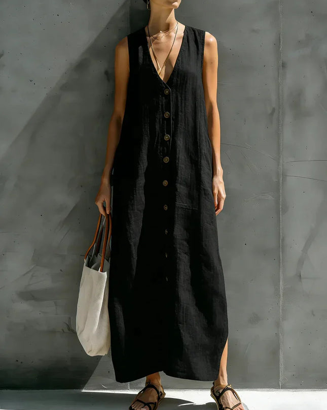 Renaria | Minimalist Linen Maxi Dress – Button-Front Style