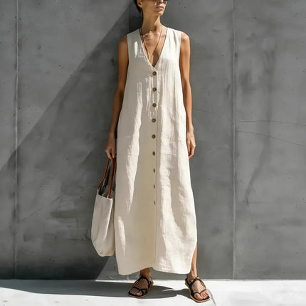 Renaria | Minimalist Linen Maxi Dress – Button-Front Style