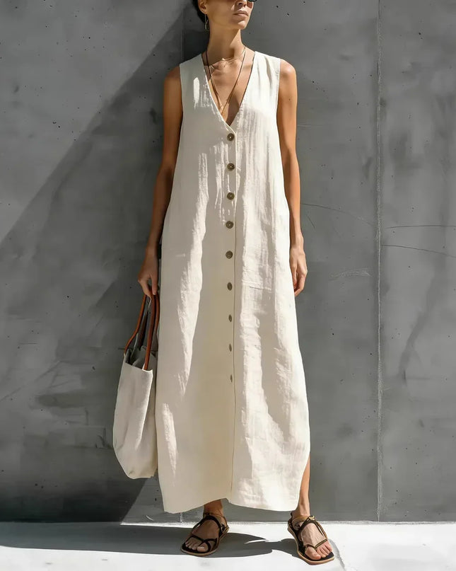 Renaria | Minimalist Linen Maxi Dress – Button-Front Style