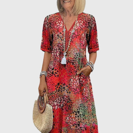 Rosalie | Elegant Floral Midi Dress – Relaxed V-Neck Style