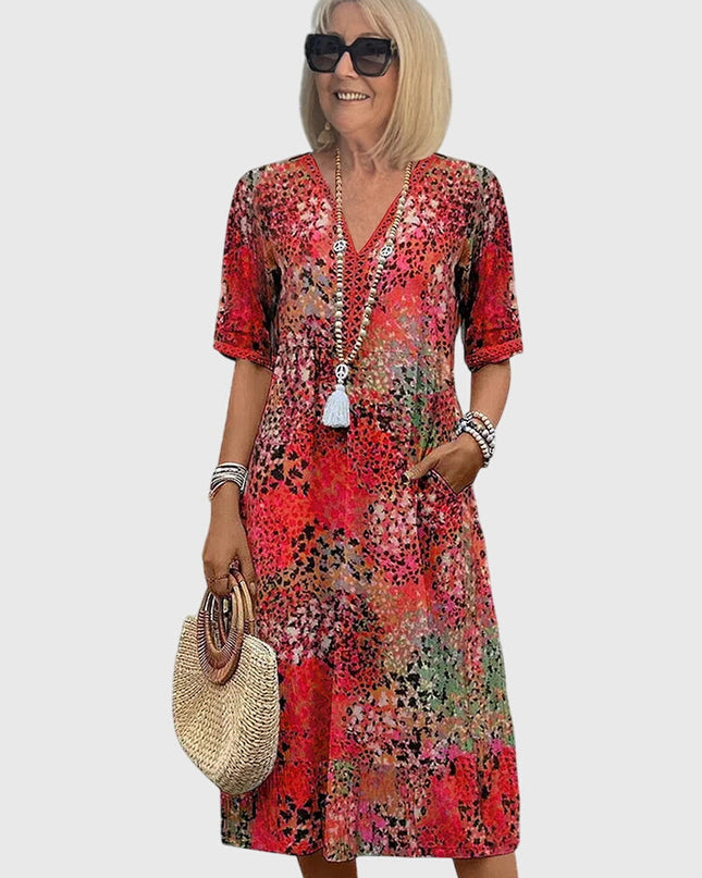 Rosalie | Elegant Floral Midi Dress – Relaxed V-Neck Style