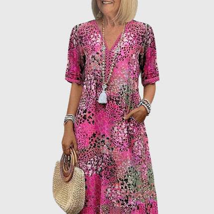 Rosalie | Elegant Floral Midi Dress – Relaxed V-Neck Style