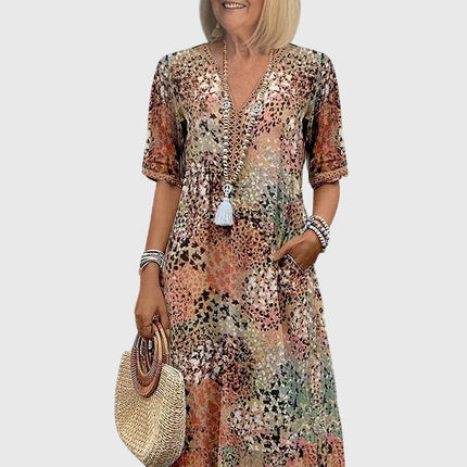 Rosalie | Elegant Floral Midi Dress – Relaxed V-Neck Style