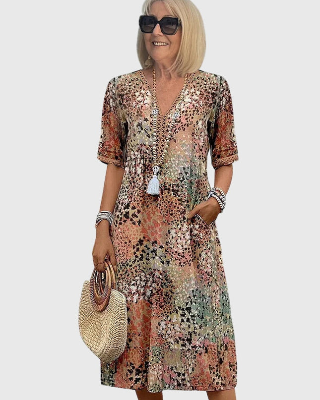Rosalie | Elegant Floral Midi Dress – Relaxed V-Neck Style