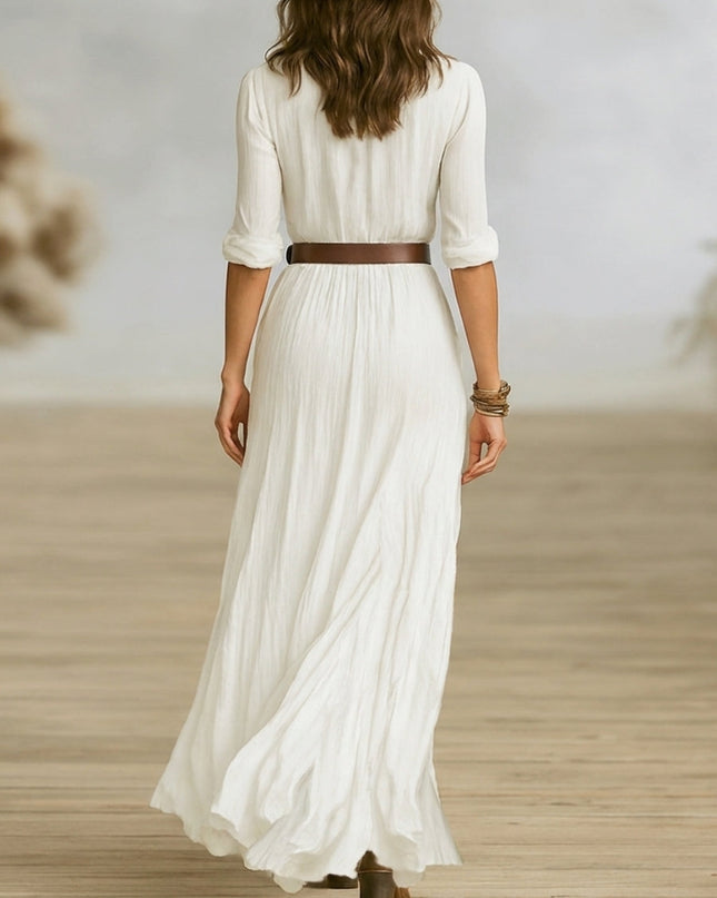 Savannah | Button-Up V-Neck Maxi Dress – Front Slit Long Dress