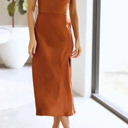 Selene | Elegant Satin Midi Dress – Minimalist Slip Style
