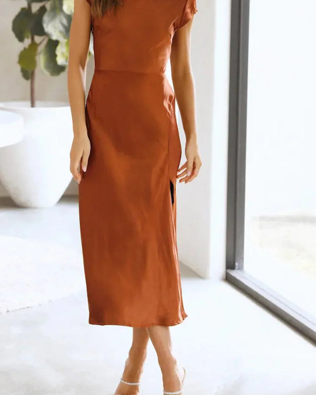 Selene | Elegant Satin Midi Dress – Minimalist Slip Style
