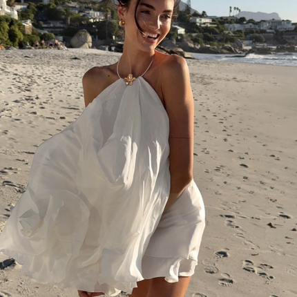 Sola | Flowing Mini Dress – Backless Halter Ruffle Style