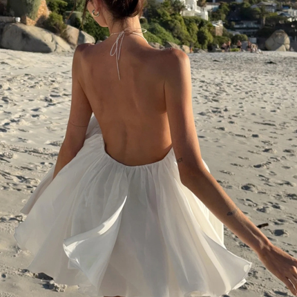 Sola | Flowing Mini Dress – Backless Halter Ruffle Style