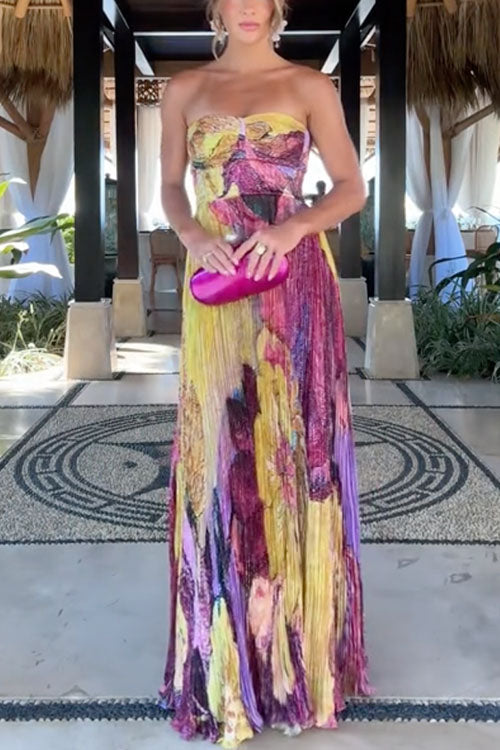 Solenne | Artistic Floral Maxi Dress – Pleated Party Style