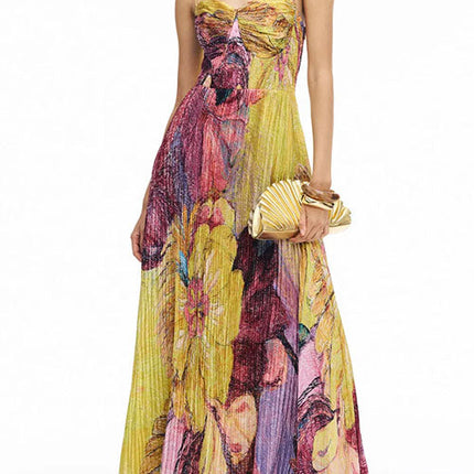 Solenne | Artistic Floral Maxi Dress – Pleated Party Style
