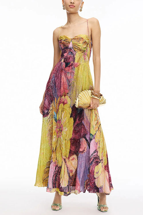 Solenne | Artistic Floral Maxi Dress – Pleated Party Style