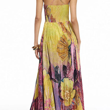 Solenne | Artistic Floral Maxi Dress – Pleated Party Style
