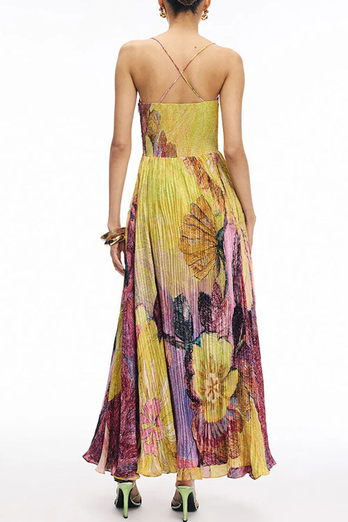 Solenne | Artistic Floral Maxi Dress – Pleated Party Style