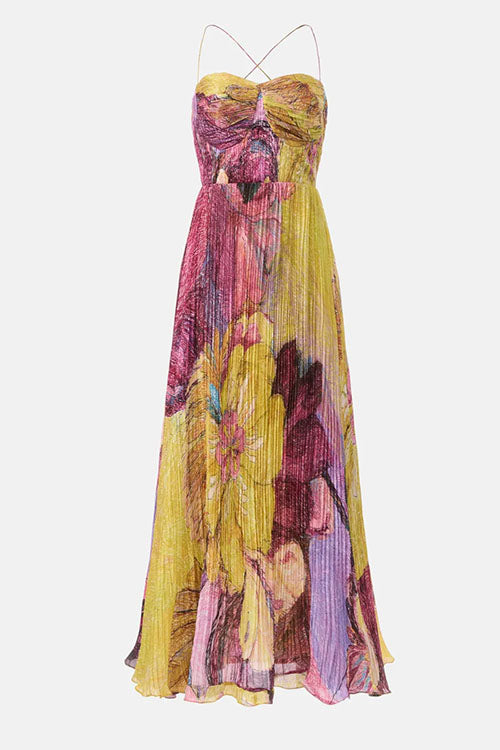 Solenne | Artistic Floral Maxi Dress – Pleated Party Style
