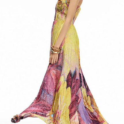 Solenne | Artistic Floral Maxi Dress – Pleated Party Style