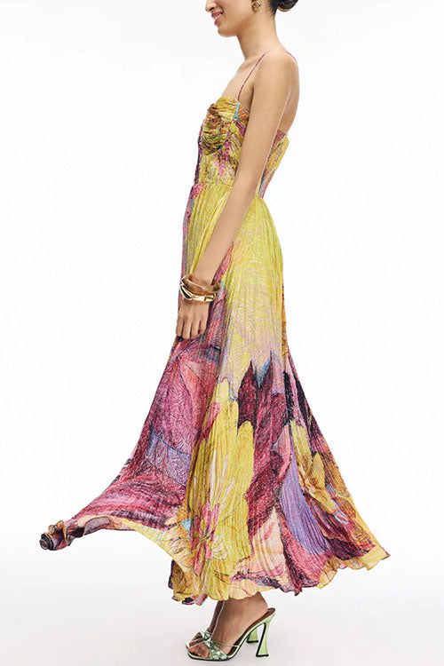 Solenne | Artistic Floral Maxi Dress – Pleated Party Style