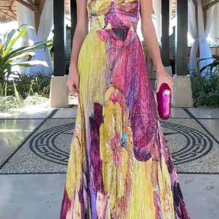 Solenne | Artistic Floral Maxi Dress – Pleated Party Style