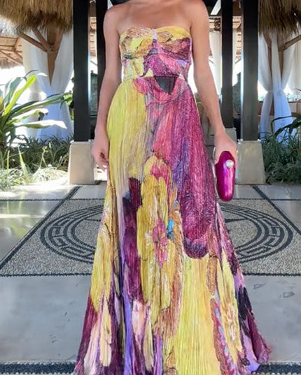 Solenne | Artistic Floral Maxi Dress – Pleated Party Style