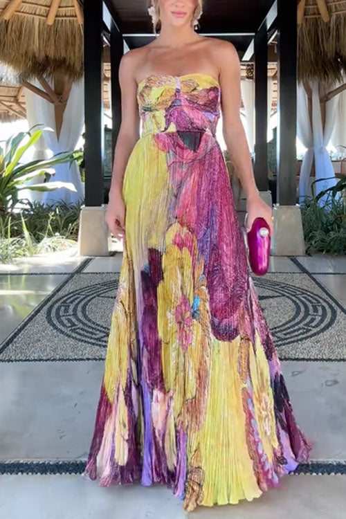 Solenne | Artistic Floral Maxi Dress – Pleated Party Style
