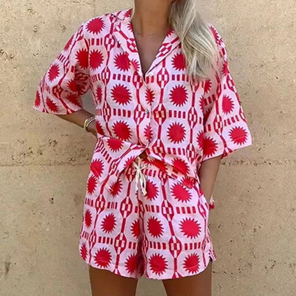 Solenne | Printed Two-Piece Set – Women's Shirt & Shorts Outfit