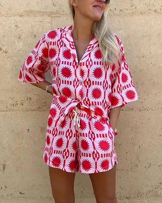 Solenne | Printed Two-Piece Set – Women's Shirt & Shorts Outfit