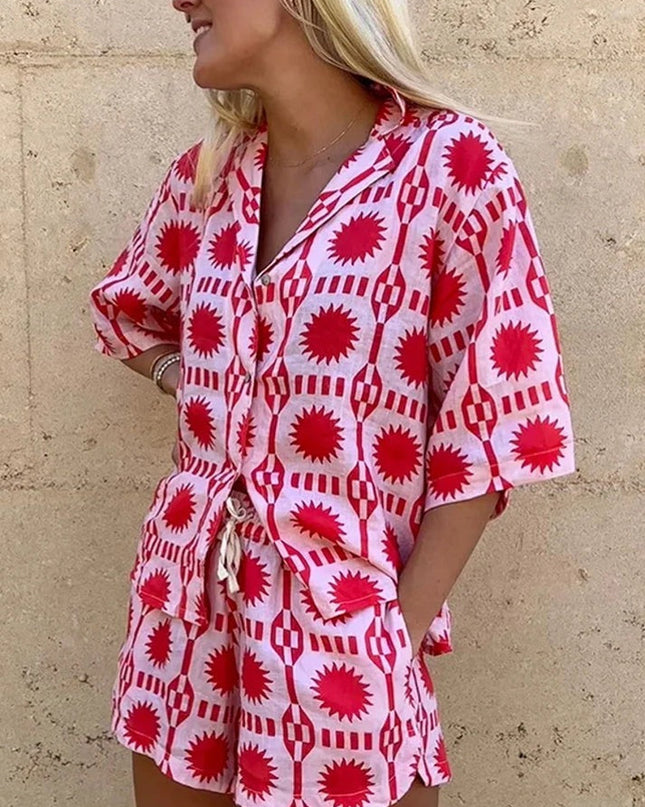 Solenne | Printed Two-Piece Set – Women's Shirt & Shorts Outfit