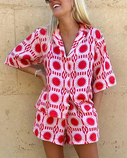 Solenne | Printed Two-Piece Set – Women's Shirt & Shorts Outfit