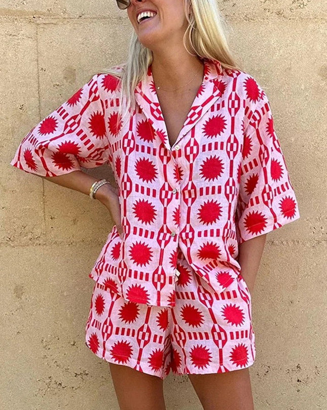 Solenne | Printed Two-Piece Set – Women's Shirt & Shorts Outfit