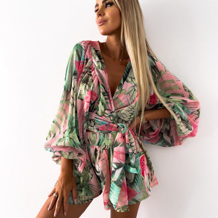 Summer | Women's Tropical Print Wrap Top Two-Piece Set