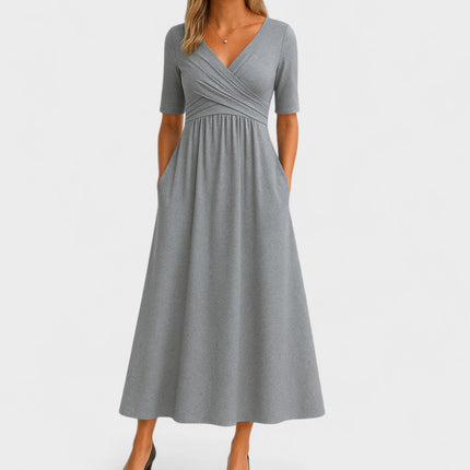 Valerie | Elegant Wrap Midi Dress – V-Neck Style
