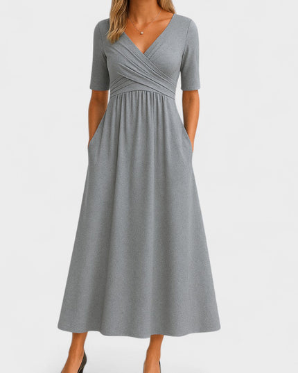 Valerie | Elegant Wrap Midi Dress – V-Neck Style